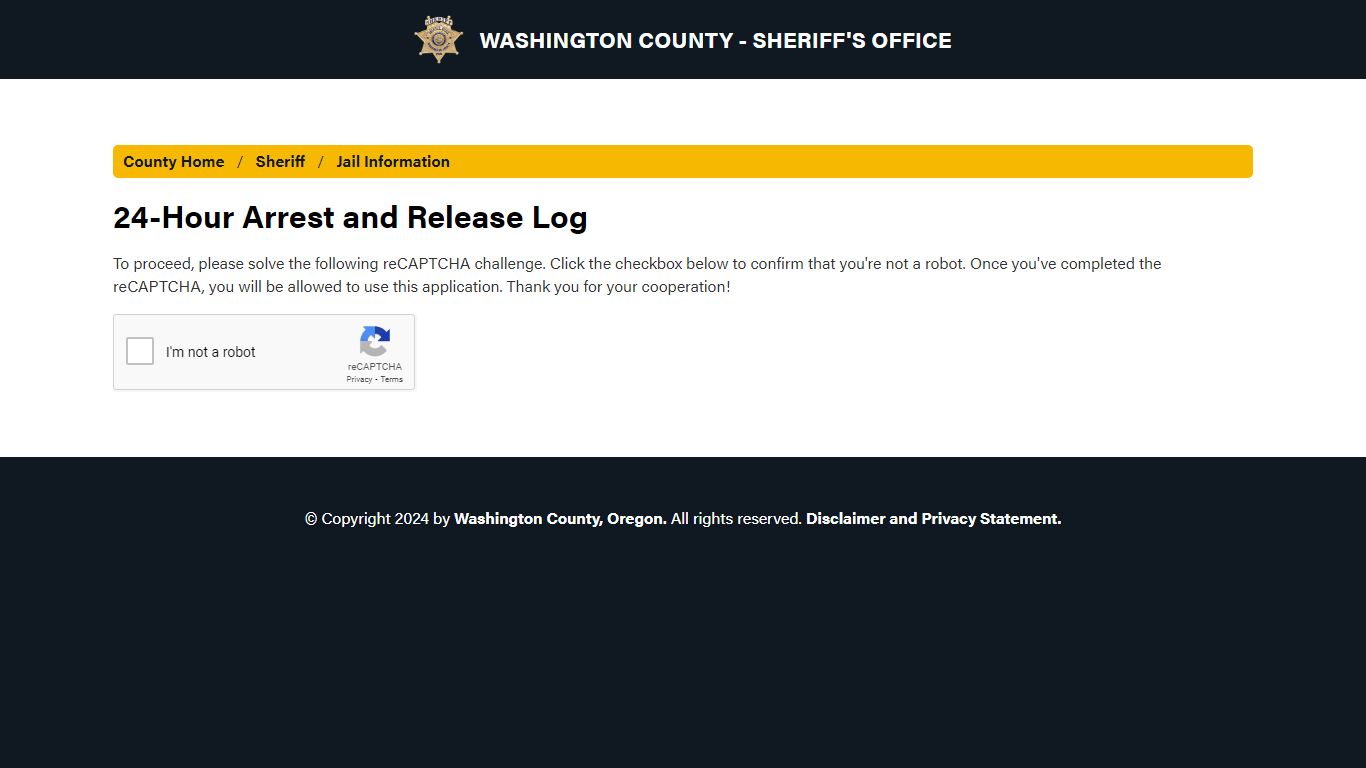 24-Hour Arrest and Release Log - Washington County, Oregon